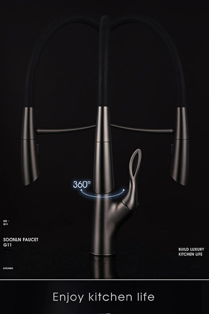 Moderner Luxus-Küchenarmatur aus schwarzem Messing, ausziehbares magnetisches Saugdesign, Einhebelmischer für heißes und kaltes Wasser mit 2 Funktionen