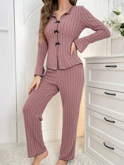 Autumn Winter Warm Pajamas Set for Woman Sleepwear Lapel Bow Fashion Sexy Long Sleeve Tops and Trousers Home Suit.