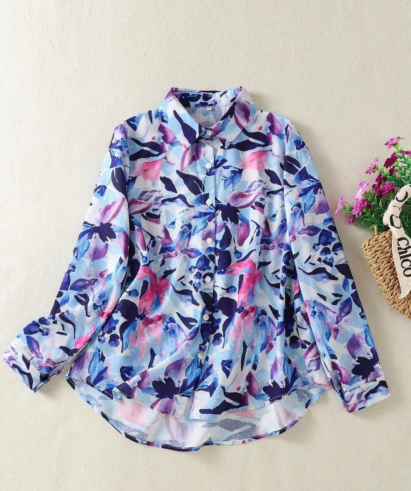 Ladies long sleeve shirt new style floral pattern shirt French style simple daily button casual women's top.