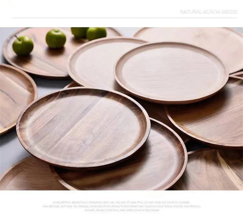 15/20/25cm Wooden Round Serving Platter Tray Retro Wood Pizza Salad Plate Fruit Dessert Tray Bread Cake Container Snacks Dish.
