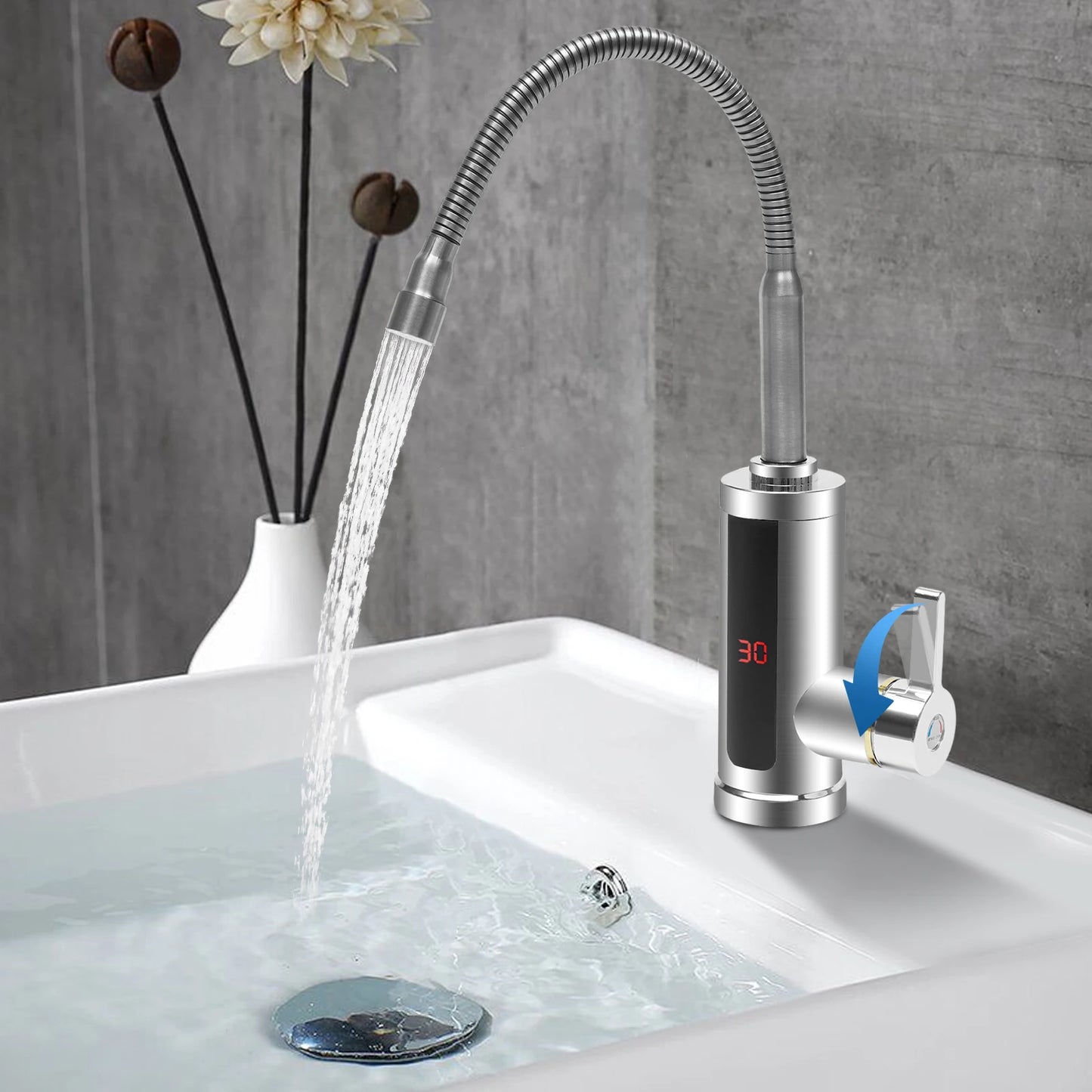 3000W Electric Hot Water Faucet 360° Rotating Stainless Steel Kitchen Faucet Instant Heating Led Digital Display