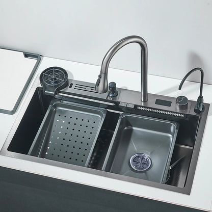 Wasserfall-Küchenspüle aus Edelstahl 304, großes Einzelschlitz-Wasserhahn-Set mit integrierter Digitalanzeige, Seifenspender, 75 x 45 cm