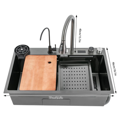 30"*18" Digital Display Waterfall Sink,Multifunctional Workstation Kitchen Sink,Kitchen Sink with Pull-Out Faucet
