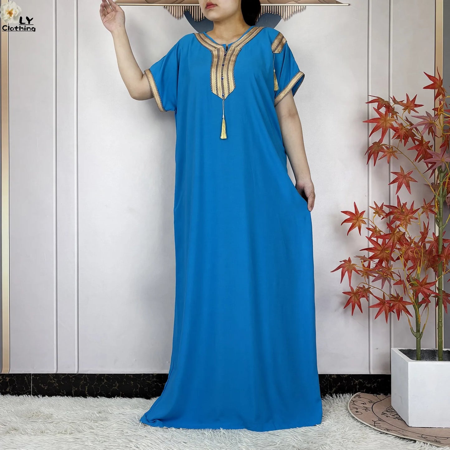 New Muslim Abayas Summer Short Sleeve African Dashiki Tassels Cotton Loose Caftan Lady Maxi Islam Casual Dresses With Headscarf.