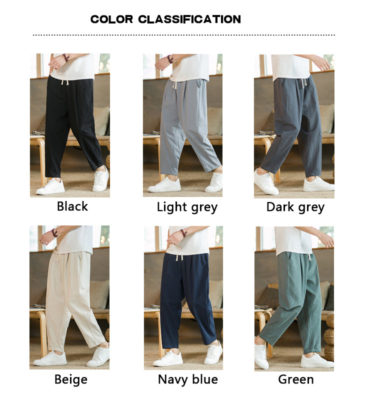 Men's Trousers Cotton Linen Fashion Casual Pants Solid Color Breathable Loose Shorts Straight Drawstring Pants Streetwear Men.