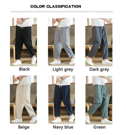 Men's Trousers Cotton Linen Fashion Casual Pants Solid Color Breathable Loose Shorts Straight Drawstring Pants Streetwear Men.