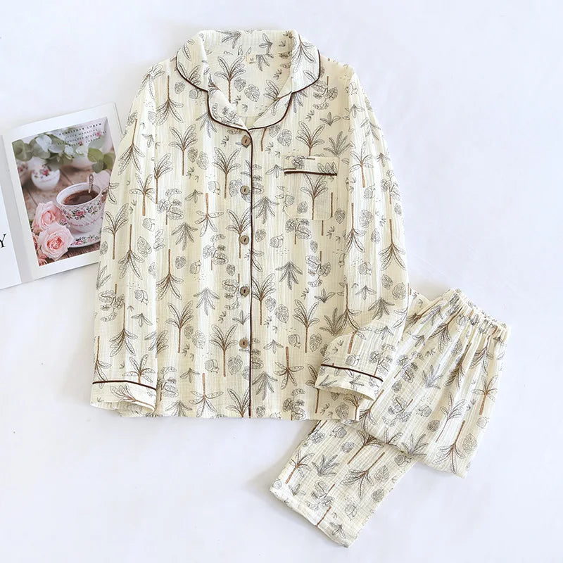 2025 Spring and Autumn Women's Pajama Set 100% Cotton Crepe Long sleeved Pants Two piece Cute and Sweet Home Fury Set Ladies