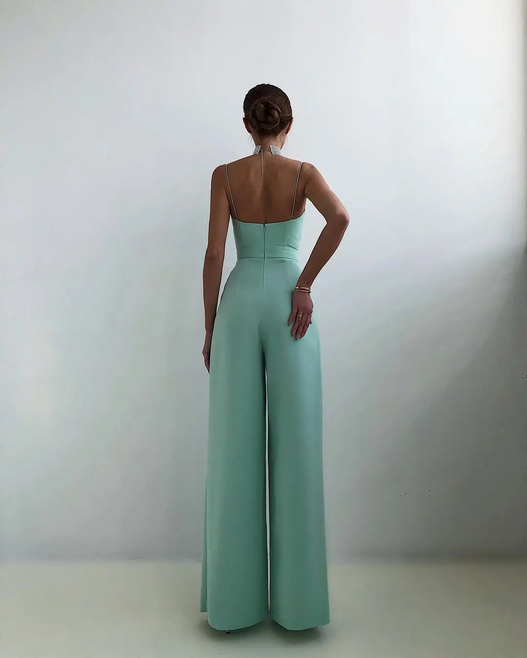 2023 Spring Chiffon Sexy Joker Solid Elegant Spaghetti Strap European and American Women's High Waist Wide Leg Jumpsuits.