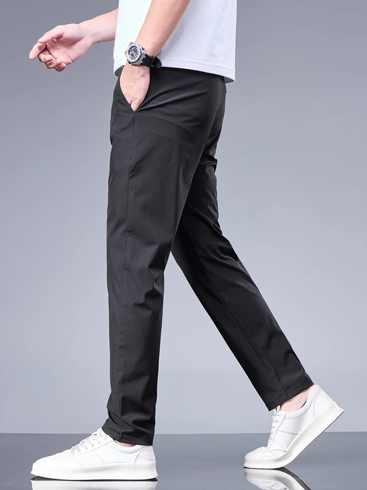 Summer New Business Ice Silk Pants Straight Elastic Waist Black Gray Trousers Breathable Simple Male Clothing Casual Suit Pants.