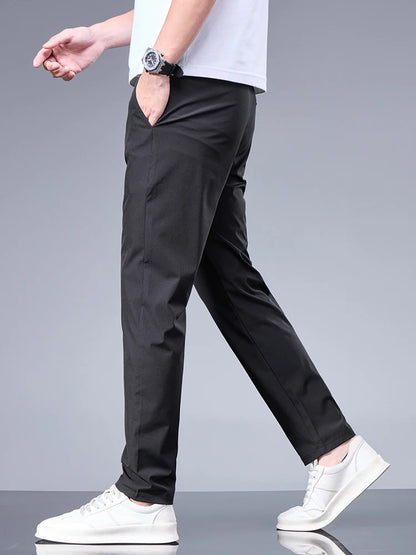 Summer New Business Ice Silk Pants Straight Elastic Waist Black Gray Trousers Breathable Simple Male Clothing Casual Suit Pants.
