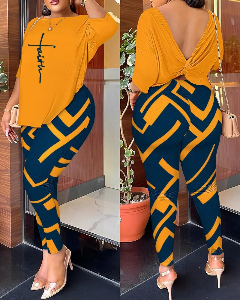 Autumn Women's Clothing New Fashion Print Sexy Backless Round Neck Five Quarter Sleeve Pants Two-piece Casual Comfortable Set