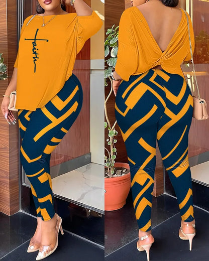 Autumn Women's Clothing New Fashion Print Sexy Backless Round Neck Five Quarter Sleeve Pants Two-piece Casual Comfortable Set