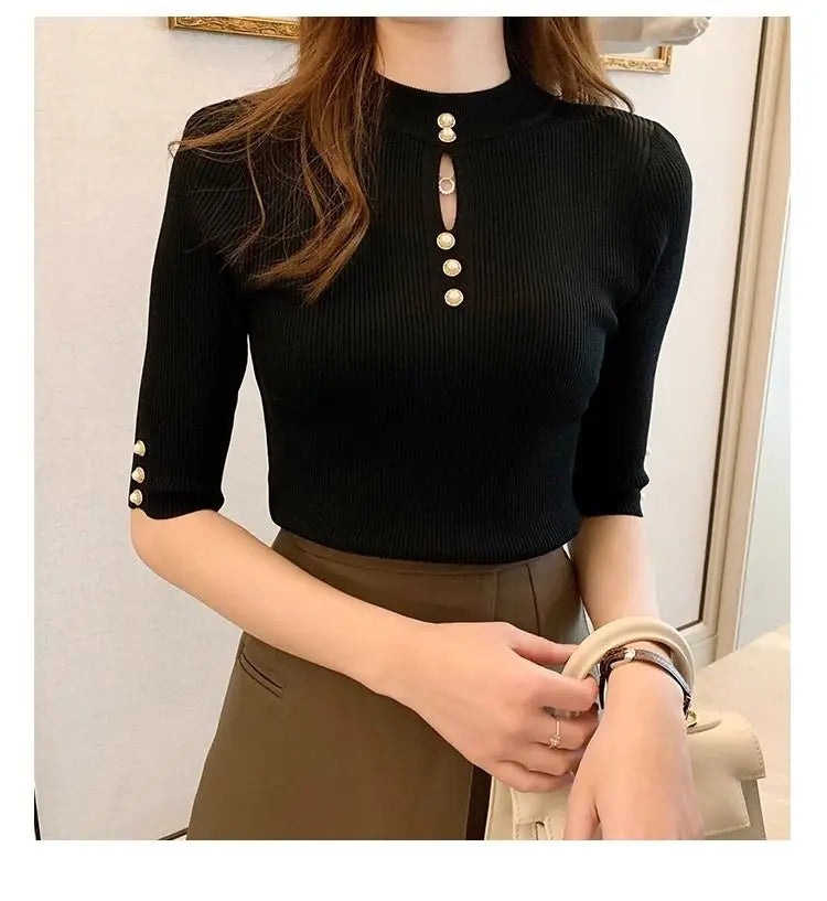 2025 frühling Herbst Korean Fashion Solid Pullover Frauen Kurzarm Tops Pull Femme Beiläufige Dünne Weibliche Pullover Gestrickte Kleidung.