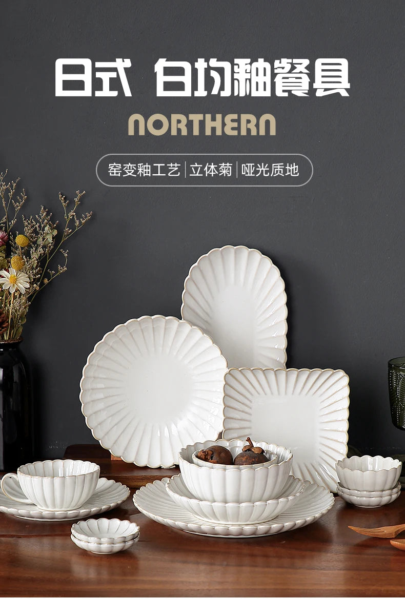 Nordic Household White Bowls Dinner Plates Ceramic White Glaze Tableware Set Western Steak Dish Salad Bowl Vegetable Fish Plate.