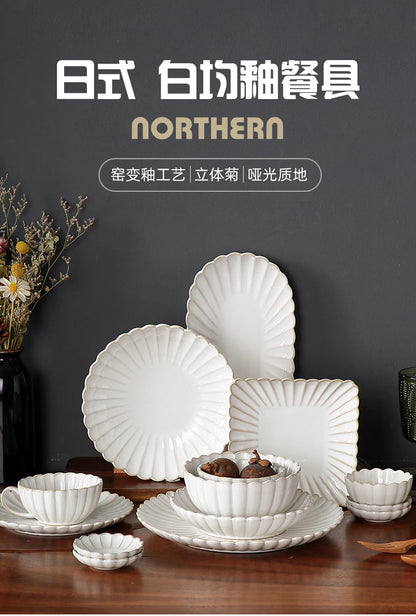 Nordic Household White Bowls Dinner Plates Ceramic White Glaze Tableware Set Western Steak Dish Salad Bowl Vegetable Fish Plate.