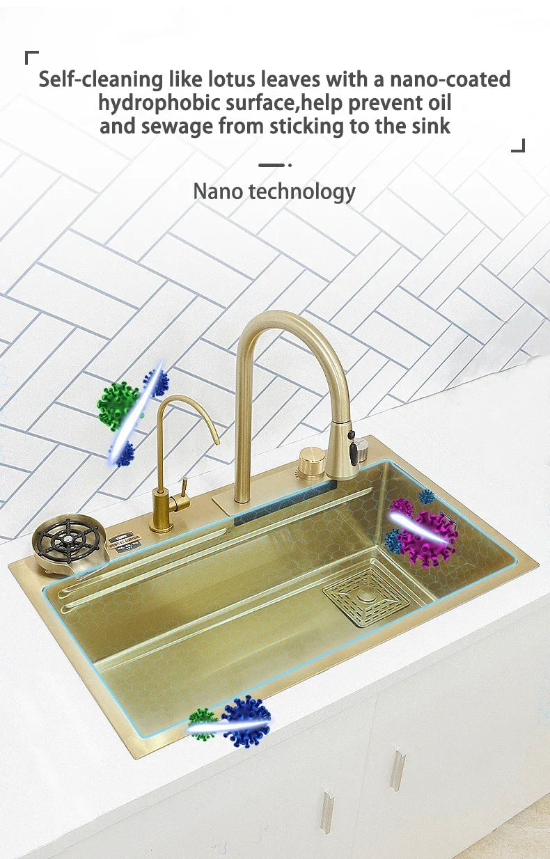 Waterfall Kitchen Sink Gold 304 Stainless Steel Modern Multifuctional Large Sink  Above Counter Apron Front Installation