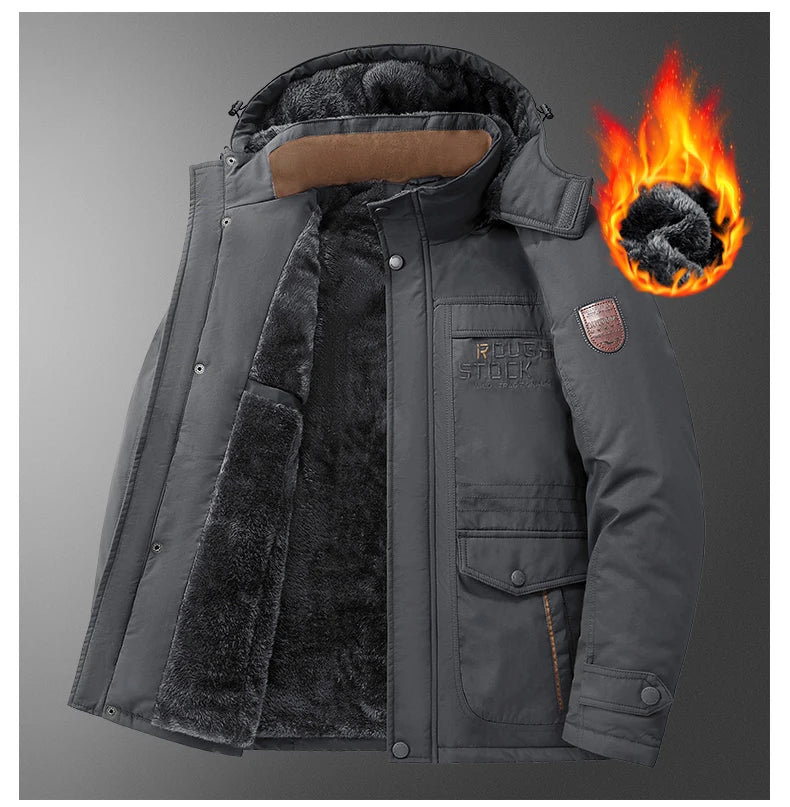 Thick Coat Winter Outdoor Running Sports Windproof Warm Fleece Hooded Cargo Jacket Men Removable Hood Thick Warm Fleece Jacket.