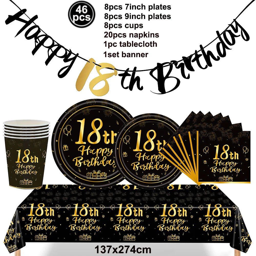 Dekore zum 18. Geburtstag für Jungen und Mädchen, Schwarz-Gold, Party-Banner, Ballon-Tischdecke, Teller, Tasse, Serviette, Partyzubehör zum 18. Geburtstag