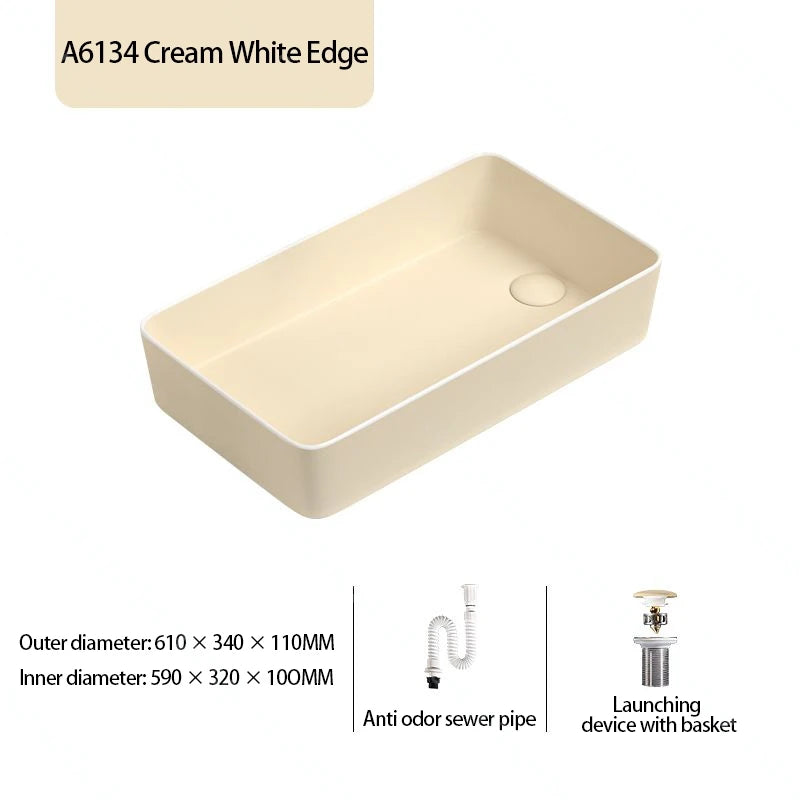 Rechteckiges Waschbecken aus Porzellan-Keramik für Badezimmer, modernes Waschbecken über der Theke mit Abflussset, Waschtischwaschbecken auf der Arbeitsplatte