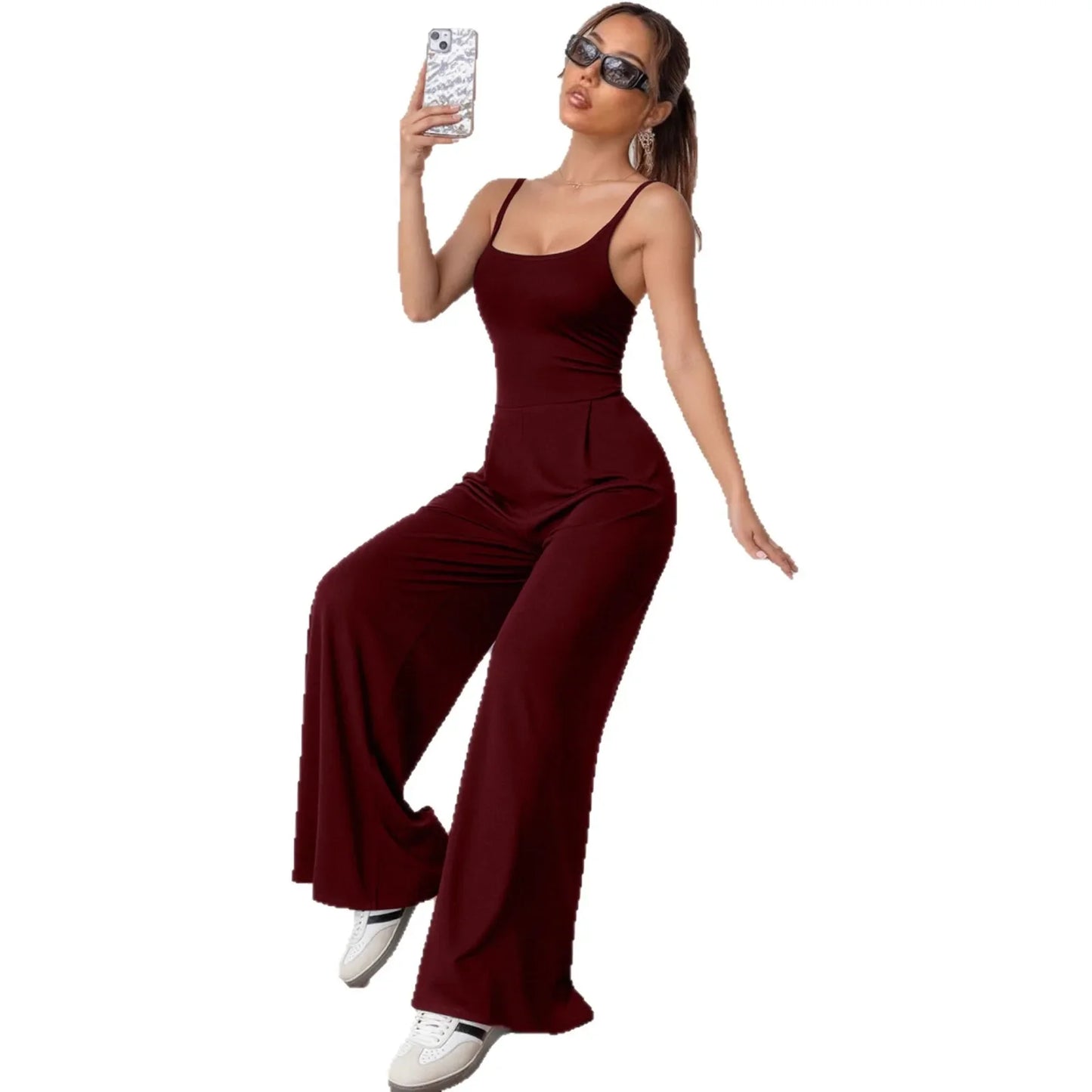 Fashionable Solid Color High Waist Bell Bottom Jumpsuit Backless Strap Casual Women's Long Pants One Piece Suit Female.