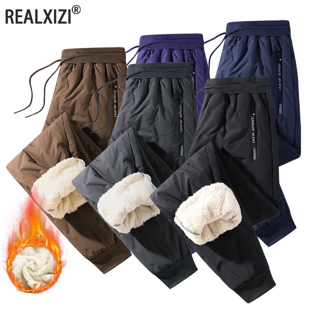 Winter Sweatwear Men's Plush Thick Sweatpant Thermal Zipper Pocket Trousers Casual Jogger Outdoor Windproof Thickened Pants.