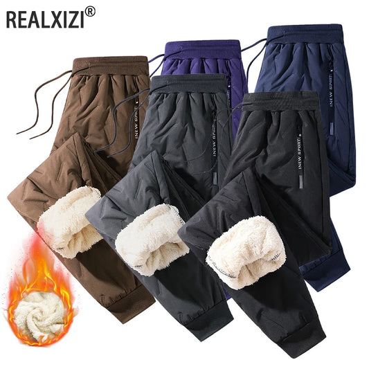 Winter Sweatwear Men's Plush Thick Sweatpant Thermal Zipper Pocket Trousers Casual Jogger Outdoor Windproof Thickened Pants.