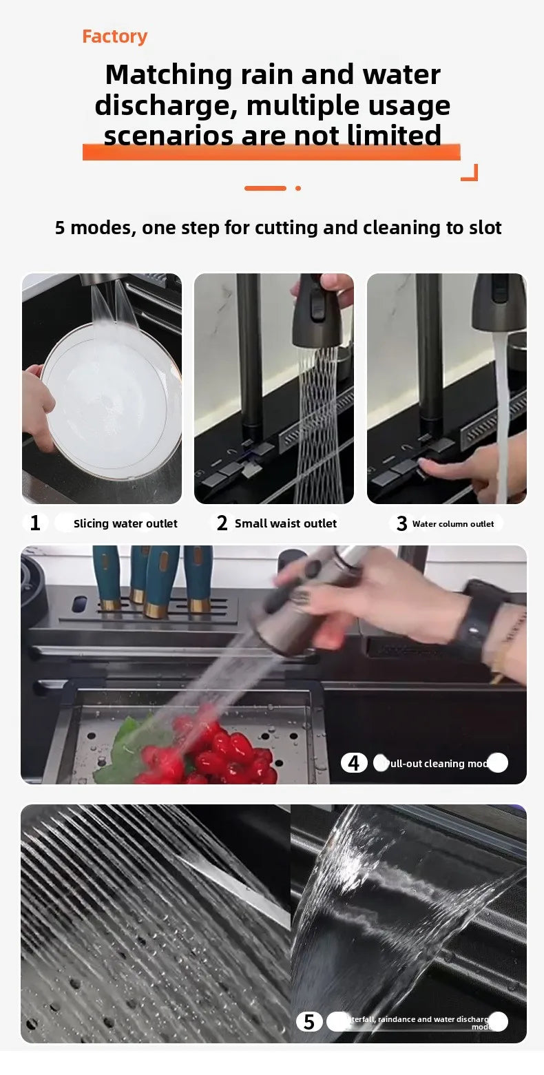 Küche Nano 304 Edelstahl Digitale Umgebungslichtspüle, Wasserfall Regenprägung Große Einzelspüle mit Messerhalter