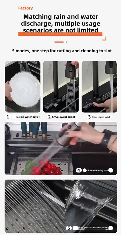 Küche Nano 304 Edelstahl Digitale Umgebungslichtspüle, Wasserfall Regenprägung Große Einzelspüle mit Messerhalter