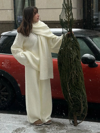 Bornladies Herbst Winter Mode frauen Neue Zopfmuster Pullover Breite Bein Hosen Set Weiche Wolle Mischung Lose Fit High Neck Pullover