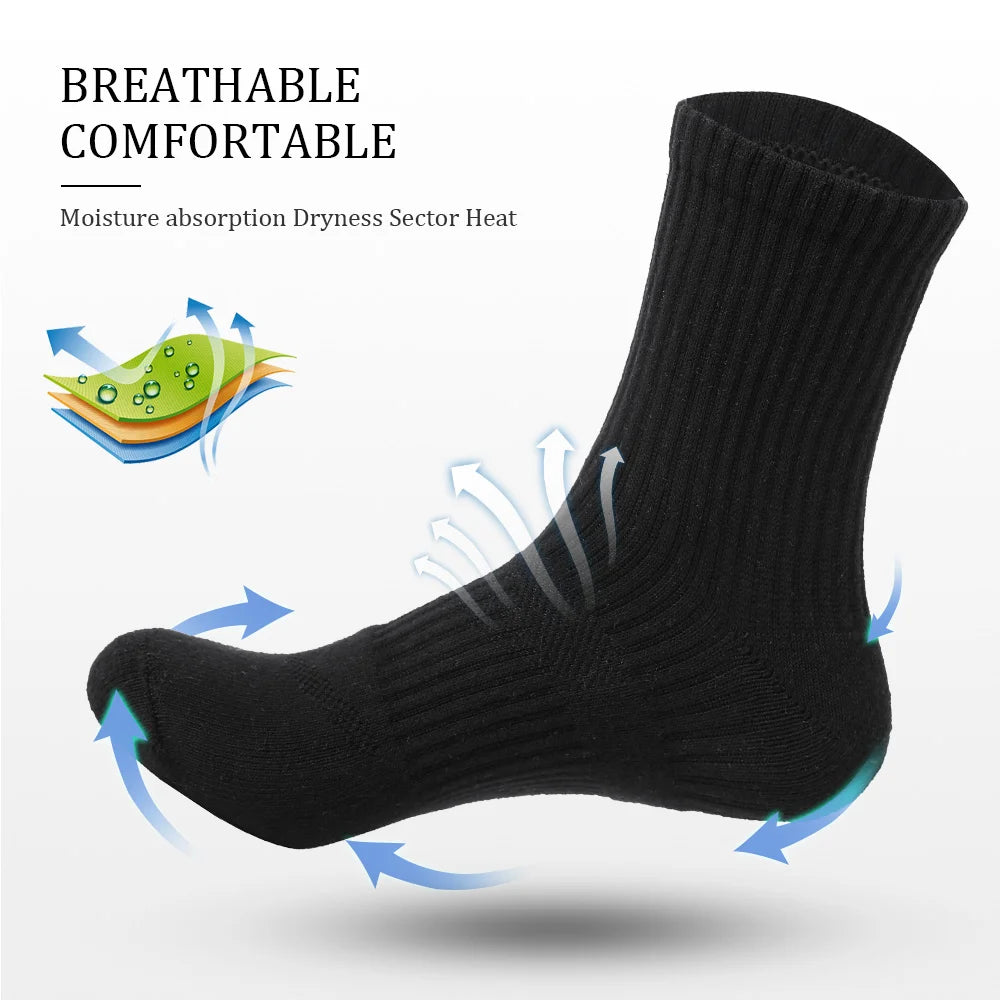 Mens Moisture Wicking Outdoor Hiking Work Cotton Socks Compression Cushion Crew Socks Leisure Men Black Socks 5 Pairs.