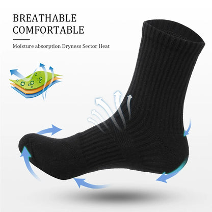 Mens Moisture Wicking Outdoor Hiking Work Cotton Socks Compression Cushion Crew Socks Leisure Men Black Socks 5 Pairs.