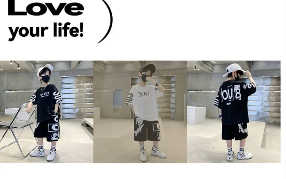 Boys Summer Trendy Casual Sports 2pcs T-shirts+Pants Suits 3-14 Years Teenage Boys Hip Hop Style Fashion Outfits Clothes Sets.