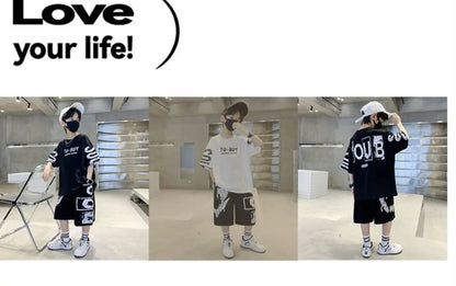 Boys Summer Trendy Casual Sports 2pcs T-shirts+Pants Suits 3-14 Years Teenage Boys Hip Hop Style Fashion Outfits Clothes Sets.
