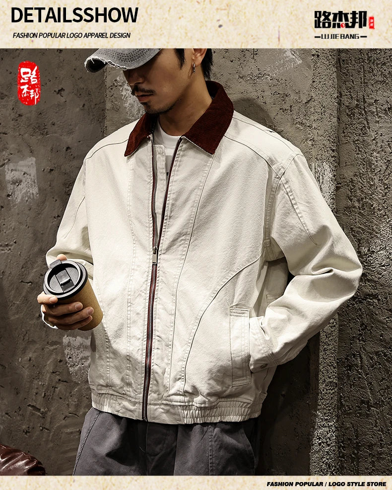 Men Spring Autumn Washed Cotton Loose Casual American Retro Cargo Jacket Man Streetwear Cityboy Coat Outerwear Varsity Jacket.