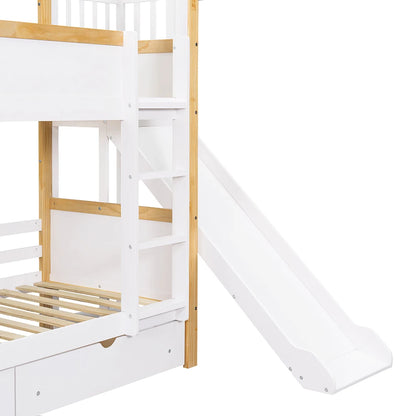 KOMHTOM Kinderetagenbett mit 2 Schubladen (mit Rollen), Kinderrutsche, 90x200cm