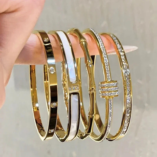 Titanium Steel Gold Silver Color Bangles for Women Girls Trend Waterproof Jewelry Luxury Sparkling Zircon Bracelet Bangle.