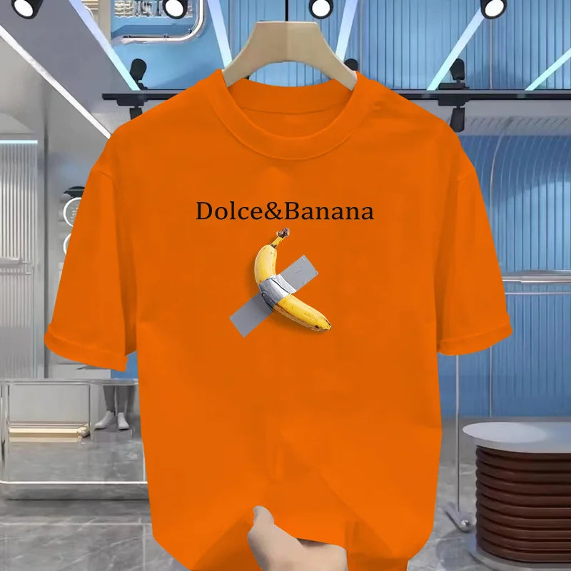 100% pure cotton banana print slimming for men in summer, suitable for casual round-neck short-sleeved T-shirt tops.