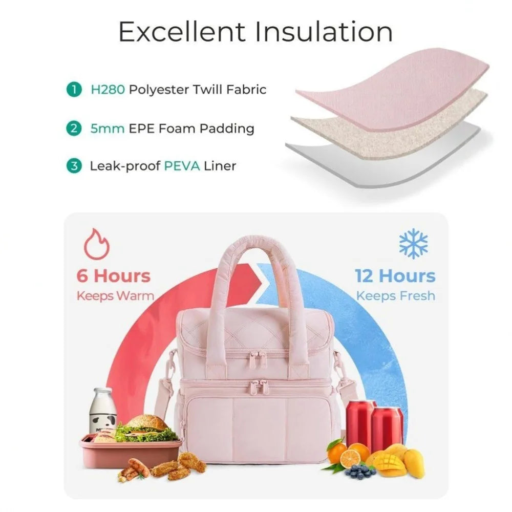 2025 New High Quality Double Deck Cooler Lunch Bag Leakproof Insulated Lunch Box Reusable Durable Puffer Tote for Work School.