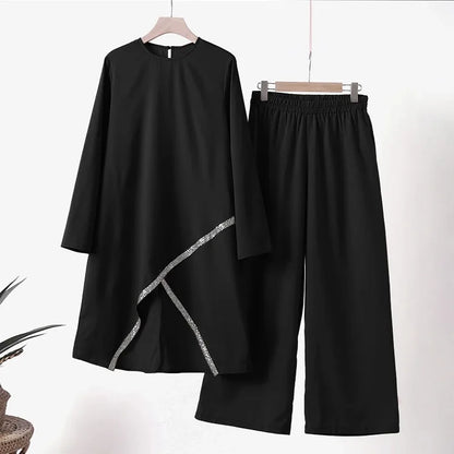 Women Eid Musulman Ensemble Muslim Sets Solid Blouses Wide Leg Pants Ramadan Morocco Two Pieces Dubai Kaftan Loose Modest.