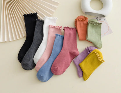 5 Pairs of Women's Solid Color Cotton Socks Japanese Style Ruffle Stacked Socks Cute Laciness Women's Long Socks.