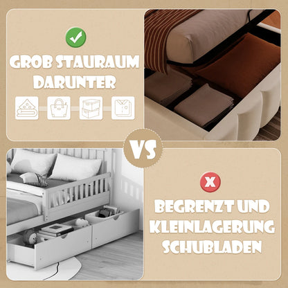 Modernes Polsterbett, 90 x 200 cm, ohne Matratze, LED-Beleuchtung, mit hydraulischem Gerät, verstellbarer Kopfteil, Samt, Grau