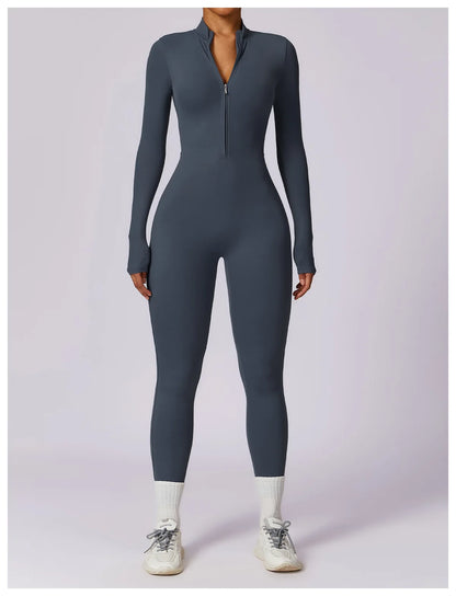 Zipper Long Sleeve Jumpsuit Gym Sportswear Women Yoga Boilersuit Women Sports Jumpsuit Fitness Rompers Stretch Workout Bodysuits.