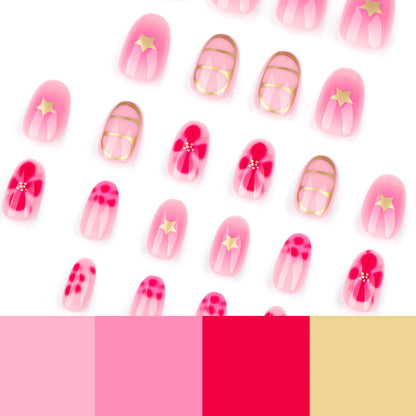 24pcs Sweet Pink Flower Press On Nails Glossy Short Almond Full Cover Stick-on Nails Gold Stripe Blush Artificial False Nails.