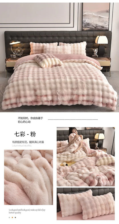 2024 new light luxury rabbit velvet four-piece set thickened warm milk velvet rabbit hair tie-dye bed sheet quilt cover