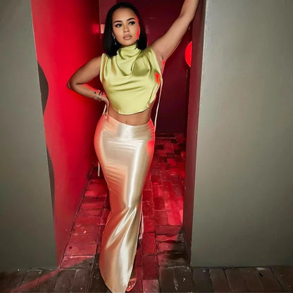 2025 Autumn Stain Long Solid Color Skirt Women Elegant High Waist Side Split Maxi Skirts Party Sexy Clothes for Female.