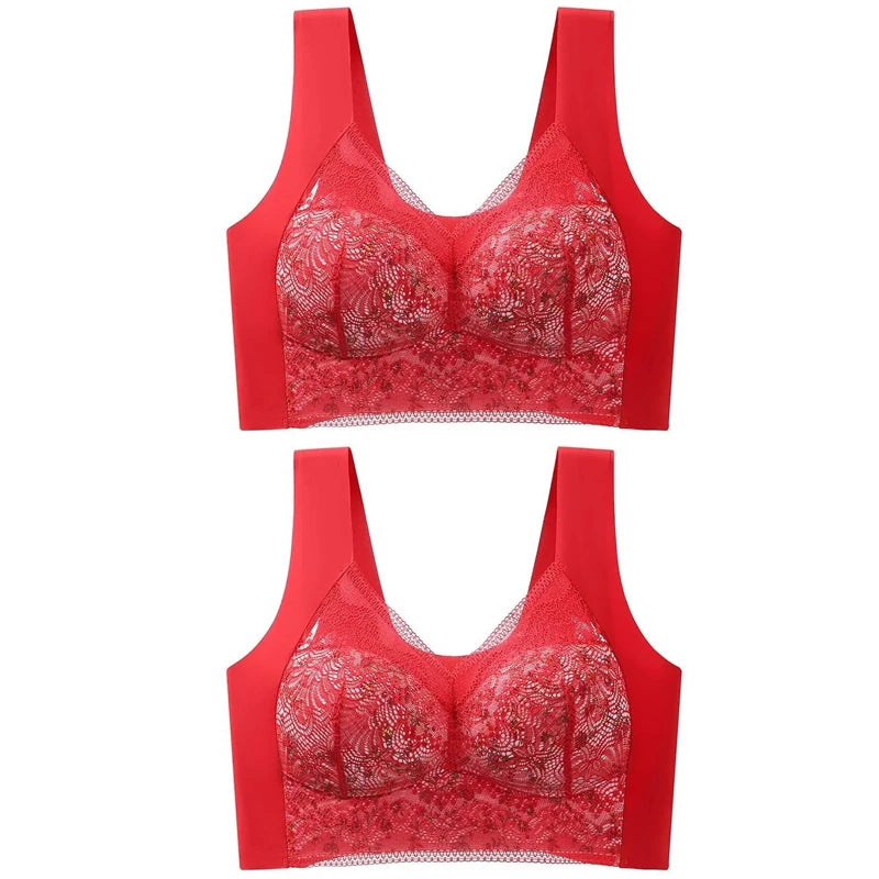 2pcs Womens Seamless Ice Silk Full Cup Bras No Steel Ring Support Lace Bralette Large Size Brassiere Comfort Ventilate Underwear.