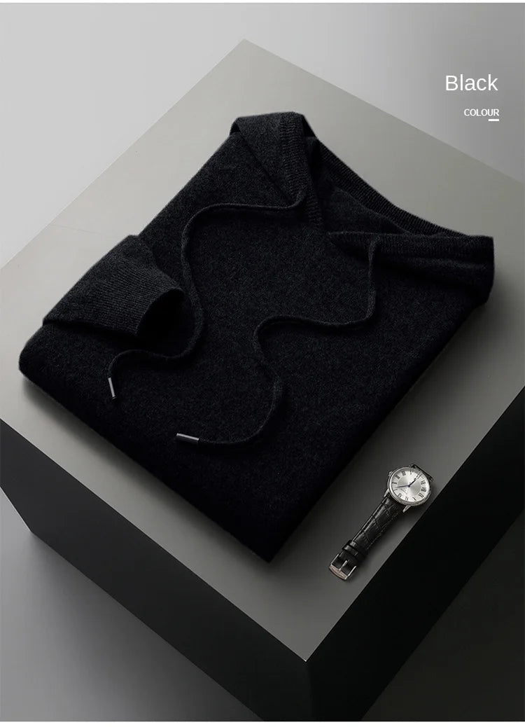 100% Cashmere Sweater Men's Ready-To-Wear Hooded Knitted Pullover Autumn Winter Long Sleeved Sweater Casual Sports Hoodie Top