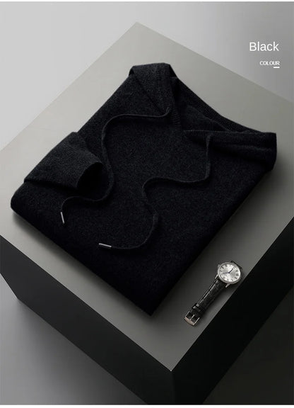 100% Cashmere Sweater Men's Ready-To-Wear Hooded Knitted Pullover Autumn Winter Long Sleeved Sweater Casual Sports Hoodie Top