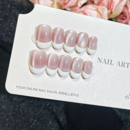 10pcs Pink French Handmade Nails Short French style Handmade Wear Nail for Women&Girl Whitening Nail Stickers False Nail.