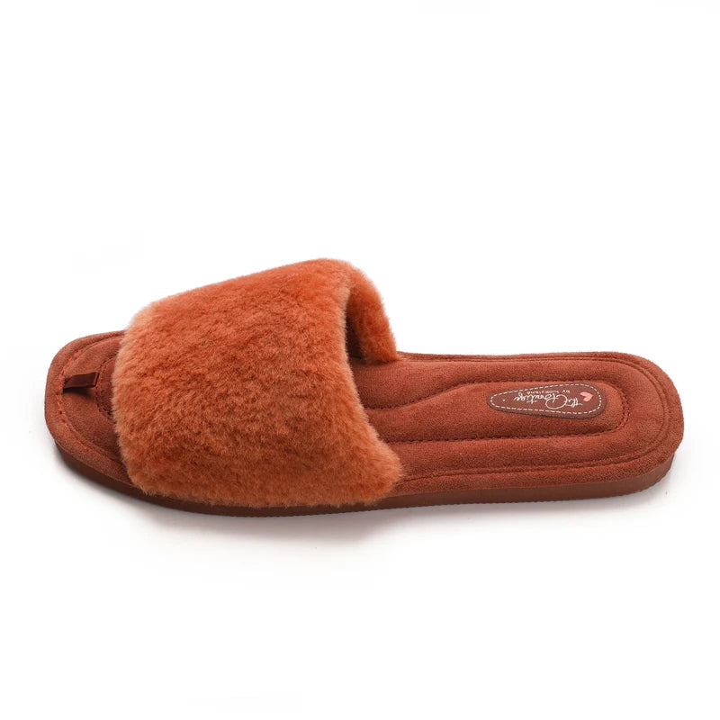 Litfun Women Warm Slides Plush Flat Slippers Women Warm Slides Cozy Soft Sole Faux Fur Shoes Female Cute Open Toe Home Slippers.